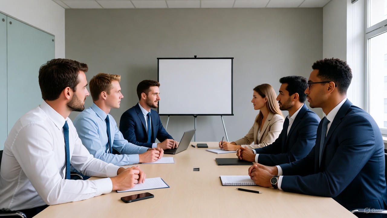 Professionals in a meeting room, looking focused.